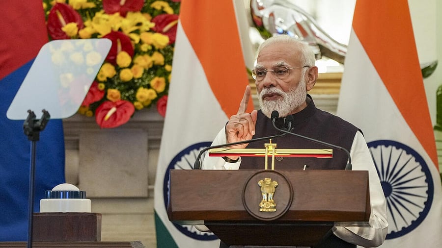 <div class="paragraphs"><p>Prime Minister Narendra Modi speaks during a joint press statement after a delegation-level meeting with Mongolian President Khurelsukh Ukhnaa, unseen, at Hyderabad House, in New Delhi.</p></div>