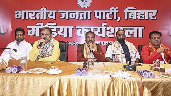 <div class="paragraphs"><p>Union Minister and Election In-charge Dharmendra Pradhan, BJP State President Dilip Jaiswal and Deputy CM Samrat Choudhary at the inauguration of BJP State Media Workshop in Patna</p></div>
