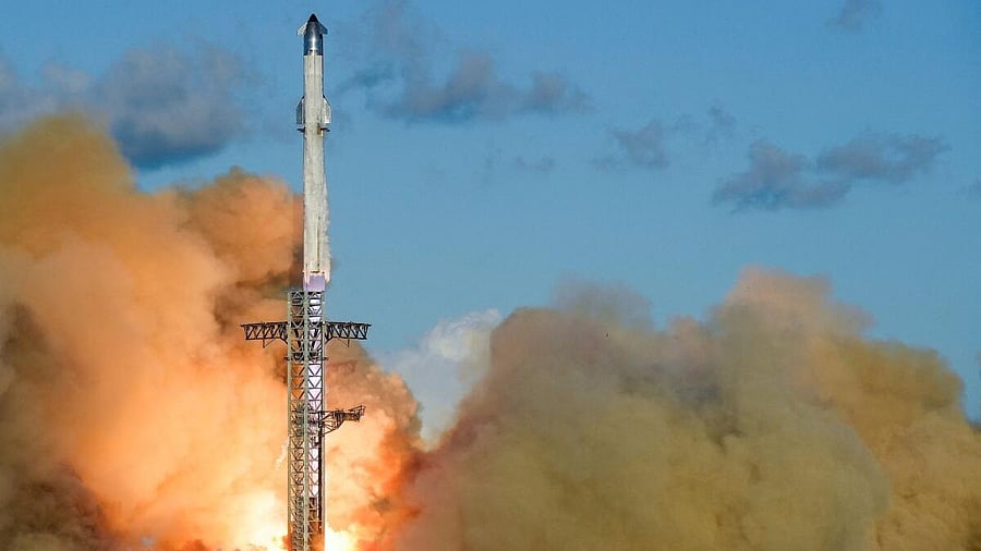 <div class="paragraphs"><p>A SpaceX Super Heavy booster carrying the Starship spacecraft lifts off on its 11th test flight at the company's launch pad in Starbase, Texas.</p></div>
