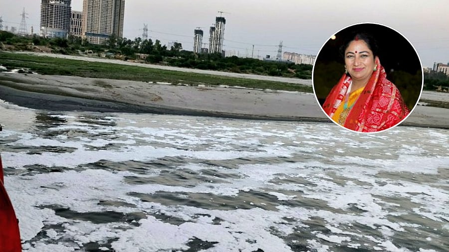 <div class="paragraphs"><p>Image showing froth in Yamuna; inset: Delhi CM&nbsp;Rekha Gupta</p></div>