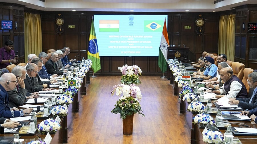 <div class="paragraphs"><p>Defence Minister Rajnath Singh, Chief of Defence Staff General Anil Chauhan, Chief of the Naval Staff Admiral Dinesh K. Tripathi and Chief of the Air Staff Air Chief Marshal A. P. Singh and Defence Secretary Rajesh Kumar Singh during a bilateral meeting with Brazilian Vice President Geraldo Alckmin, in New Delhi</p></div>