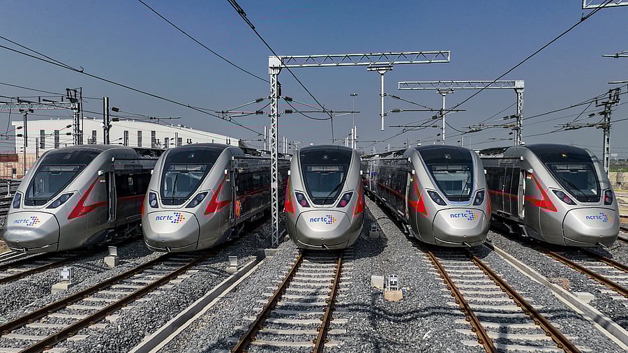 <div class="paragraphs"><p>PM green flag today to Namo Bharat'; Cong sees red Trains of the Delhi-Meerut Regional Rapid Transit System (RRTS) ahead of the inauguration by Prime Minister Narendra Modi, in New Delhi on Thursday. </p></div>