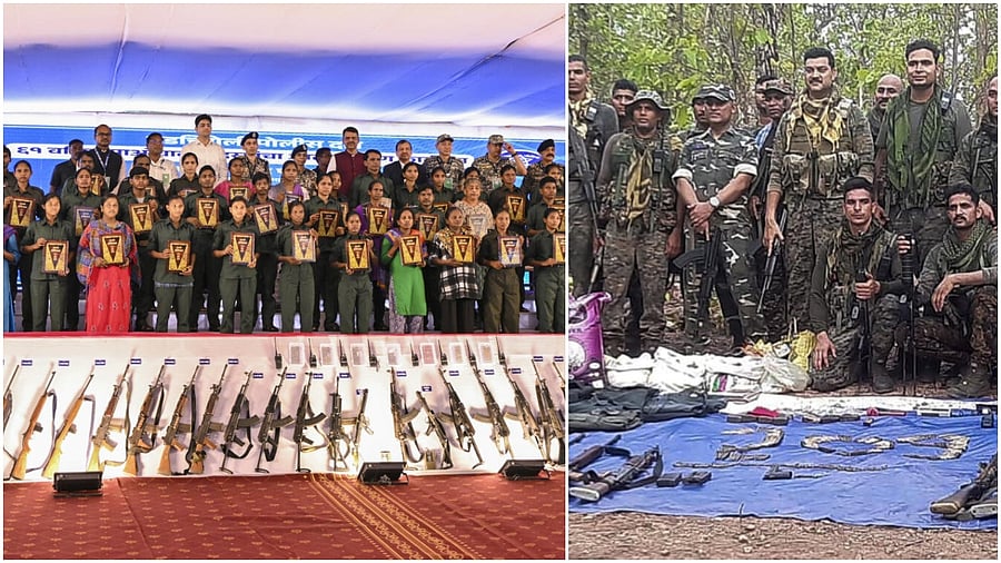 <div class="paragraphs"><p>File image of security forces after a Naxal encounter(L), Senior Naxal leader Mallojula Venugopal Rao  along with 60 other cadres surrendered before Maharashtra CM Fadnavis, in Gadchiroli</p></div>
