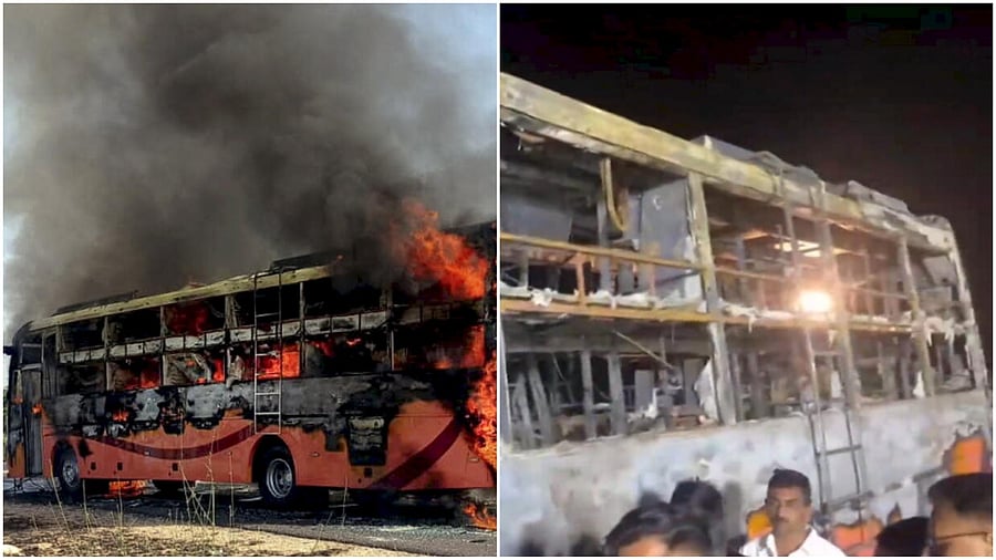 <div class="paragraphs"><p>A bus traveling from Jaisalmer to Jodhpur catches fire, near Thaiyat village in Jaisalmer district, Rajasthan.</p></div>
