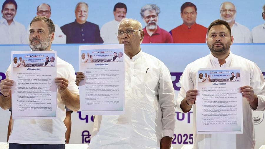 <div class="paragraphs"><p>File photo of Congress President Mallikarjun Kharge, LoP in the Lok Sabha and Congress leader Rahul Gandhi and LoP in the Bihar Assembly and RJD leader Tejashwi Yadav during the launch of 'Ati Pichda Nyay Sankalp', in Patna</p></div>