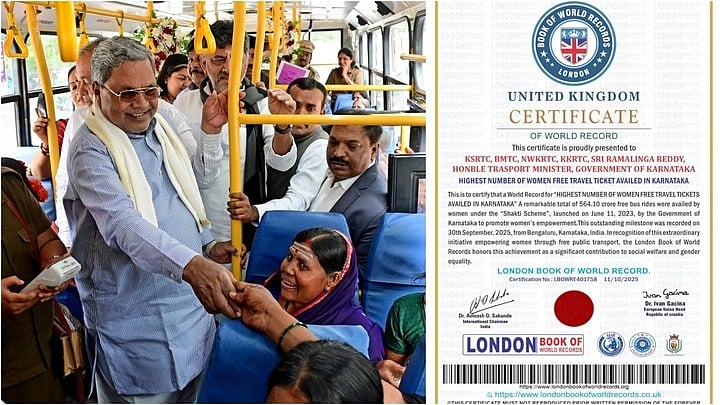 <div class="paragraphs"><p>File photo of CM Siddaramaiah with beneficiaries of Shakti scheme(L), the photo of the 'certificate' which was shared on X, now deleted.&nbsp;</p></div>