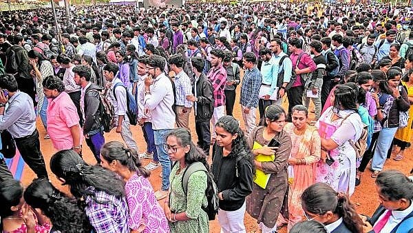 <div class="paragraphs"><p>Job aspirants during Mysuru divisional level mega job mela&nbsp;organised by Department of&nbsp;Skill&nbsp;Development&nbsp;Entrepreneurship and Livelihood&nbsp;on Maharaja's College Grounds, in Mysuru, on Friday. </p></div>