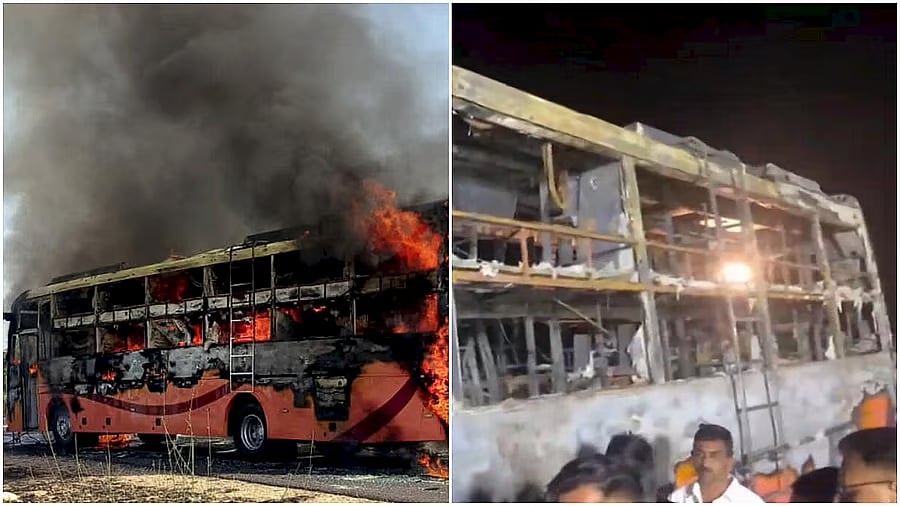 <div class="paragraphs"><p>A bus traveling from Jaisalmer to Jodhpur catches fire, near Thaiyat village in Jaisalmer district, Rajasthan.</p></div>