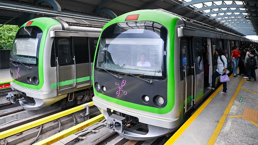 <div class="paragraphs"><p>A view of Namma Metro's Green Line trains at Rastriya Vidyalaya Metro Station in Bengaluru. </p></div>