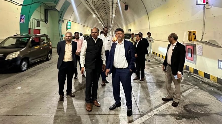 Deputy Chief Minister D K Shivakumar during a visit to the tunnel road in Mumbai.