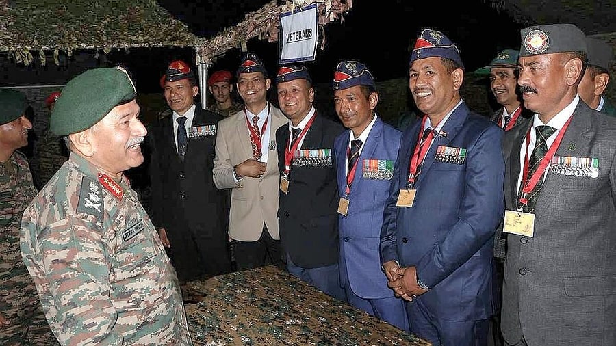<div class="paragraphs"><p>Chief of the Army Staff General Upendra Dwivedi (left) interacts with veterans at Pithoragarh military station, Uttarakhand.</p></div>