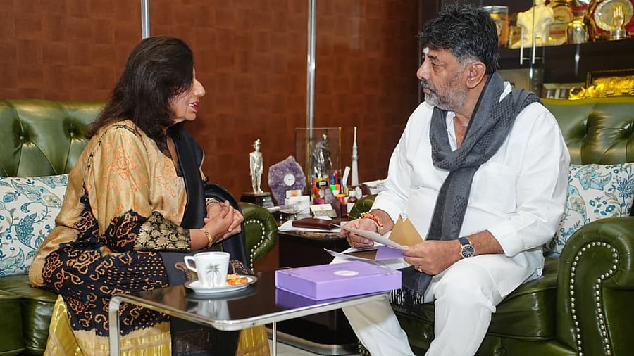 <div class="paragraphs"><p>Biocon founder Kiran Mazumdar-Shaw at the residence of DyCM D K Shivakumar on Tuesday.&nbsp;</p></div>