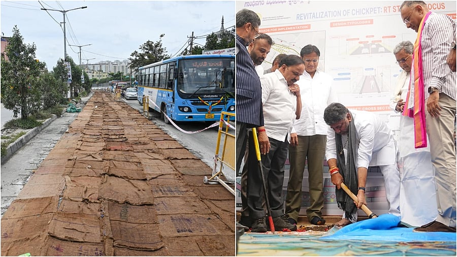 <div class="paragraphs"><p>File photo of white-topping work at Hennur-Bagalur main road(L), Deputy Chief Minister DK Shivakumar breaks the ground for roadworks in Bengaluru's Pete areas on Tuesday as Chief Minsiter Siddaramaiah and Health Minister MLA Dinesh Gundu Rao look on. </p></div>