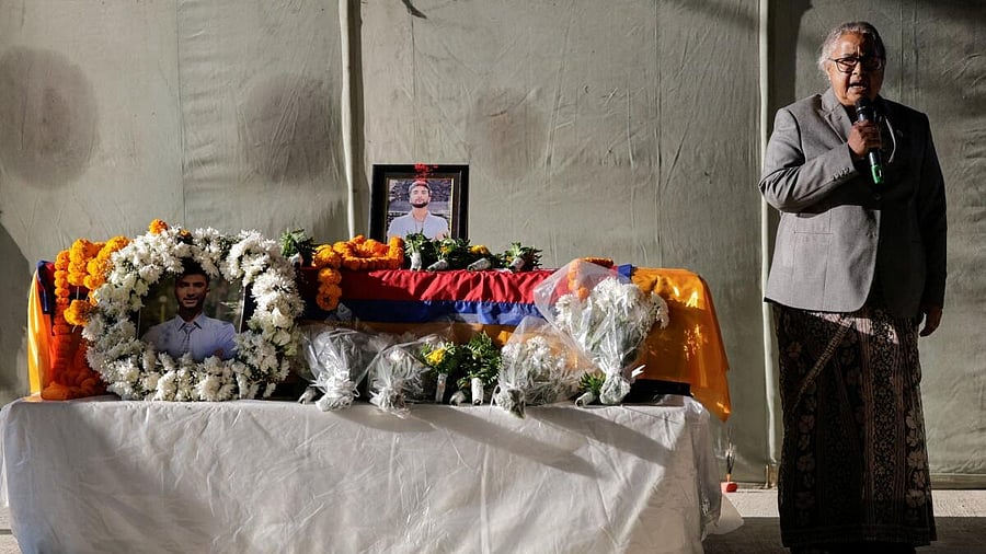 <div class="paragraphs"><p>Nepal's interim Prime Minister Sushila Karki delivers a eulogy to deceased hostage Bipin Joshi, a Nepalese citizen who was kidnapped alive during the deadly October 7, 2023, attack on Israel by Hamas and died in captivity, after his body was brought back to Nepal, at Tribhuvan International Airport in Kathmandu.</p></div>