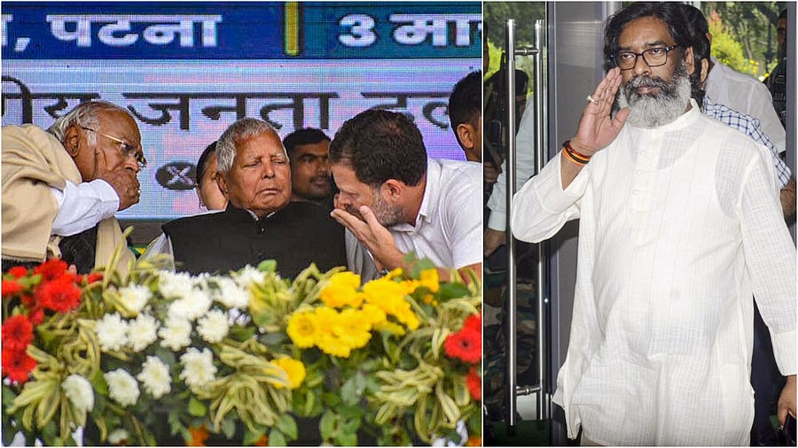 <div class="paragraphs"><p>Mallikarjun Kharge with party leader Rahul Gandhi and RJD chief Lalu Prasad Yadav(L), JMM's Hemant Soren</p></div>