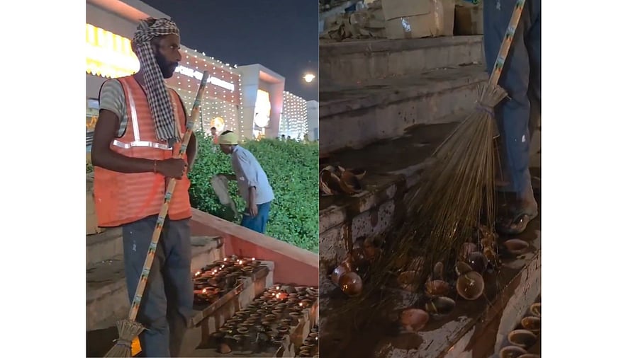 <div class="paragraphs"><p>Videos that have gone viral on social media over the last two days purportedly show sanitation workers from the Ayodhya Municipal Corporation pushing and extinguishing the burning lamps with brooms after the Deepotsav celebrations.</p></div>