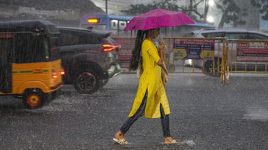 <div class="paragraphs"><p>A woman walks with an umbrella on a road during heavy rainfall in Chennai.&nbsp;</p></div>