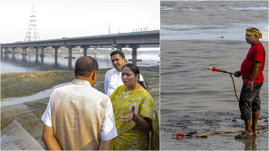 <div class="paragraphs"><p>Delhi Chief Minister Rekha Gupta inspects the Vasudev Ghat, regarding preparations for ‘Chhath Mahaparv’ festival.(L), A Delhi Jal Board worker sprays de-foaming chemicals to treat toxic foam</p></div>