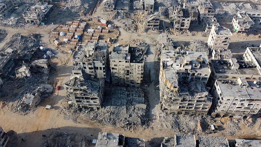 <div class="paragraphs"><p>A drone view shows the destruction in a residential neighborhood, after the withdrawal of the Israeli forces from the area.</p></div>