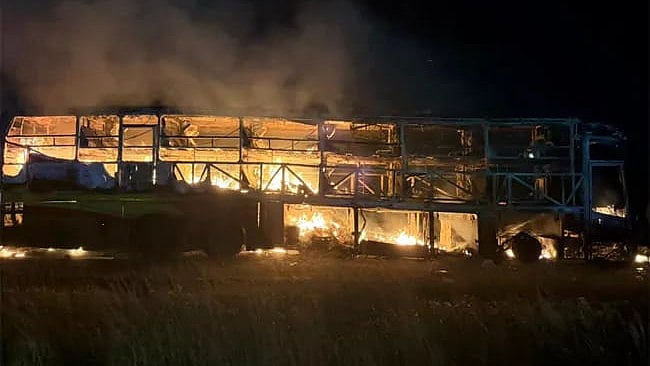 Kurnool Bus Fire accident scene near Chinnatekuru, Andhra Pradesh
