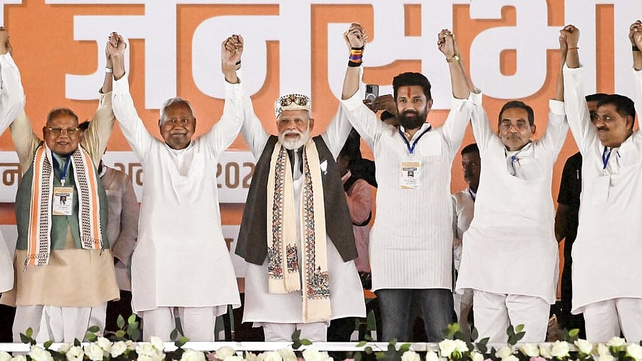 <div class="paragraphs"><p>Prime Minister Narendra Modi, Bihar Chief Minister Nitish Kumar, Union Ministers Jitan Ram Manjhi and Chirag Paswan and others during a public meeting ahead of the state Assembly elections.</p></div>