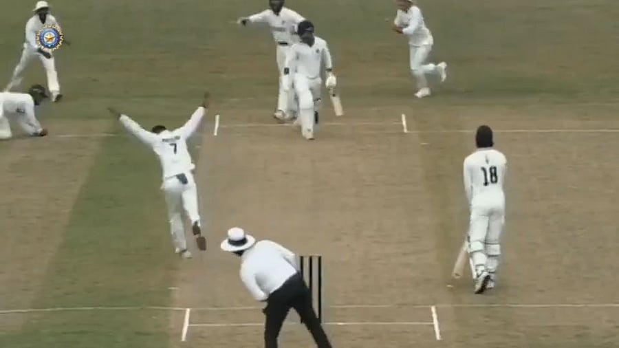 <div class="paragraphs"><p>A screengrab of the video from X showing players celebrating after taking a wicket.</p></div>
