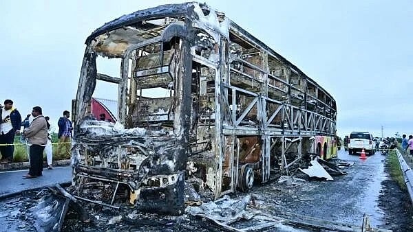 <div class="paragraphs"><p>Charred remains of the private bus that caught fire after a collision with a two-wheeler in Kurnool. </p></div>