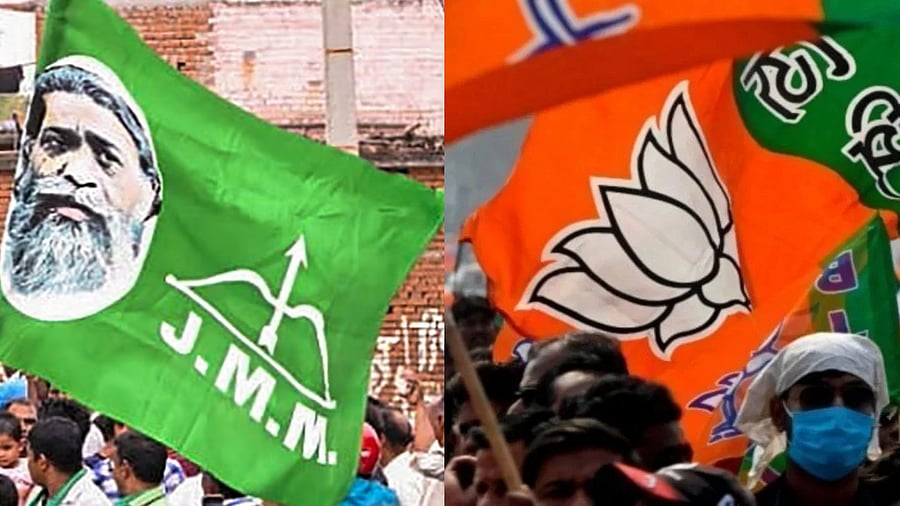 <div class="paragraphs"><p>JMM flag and BJP flag.</p></div>