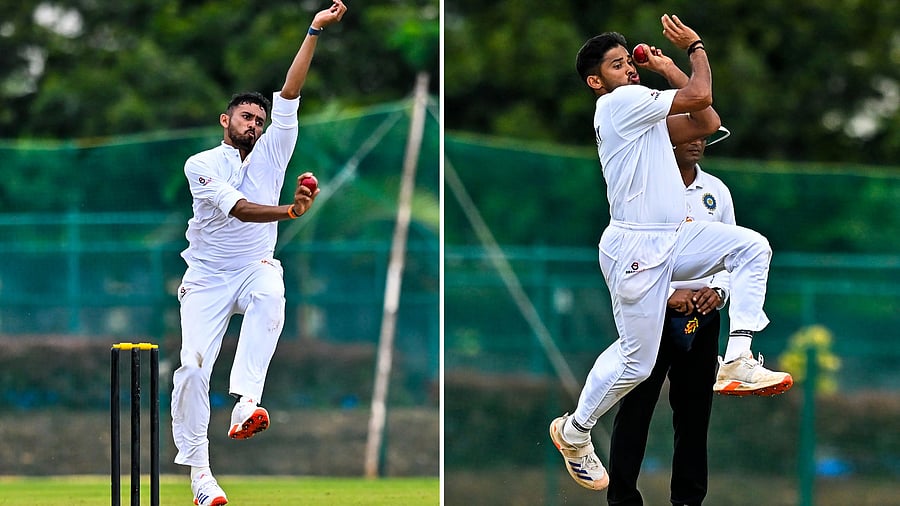 <div class="paragraphs"><p>Karnataka senior pacer Vidwath Kaverappa (left) bagged two wickets while the young  Abhilash Shetty sparkled with a three-for against Goa in Shivamogga on Monday. </p></div>