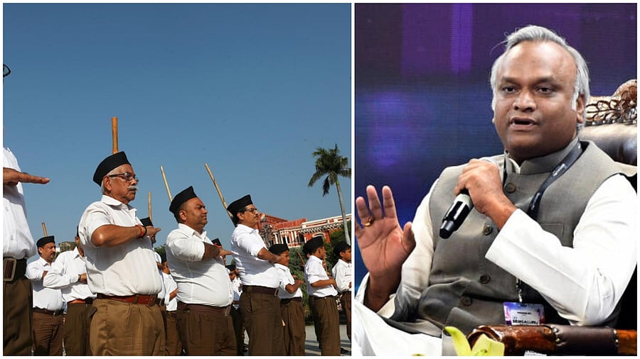 <div class="paragraphs"><p>Members of the RSS take part at a daily shakha event(L), Karnataka minister and Congress leader Priyank Kharge</p></div>