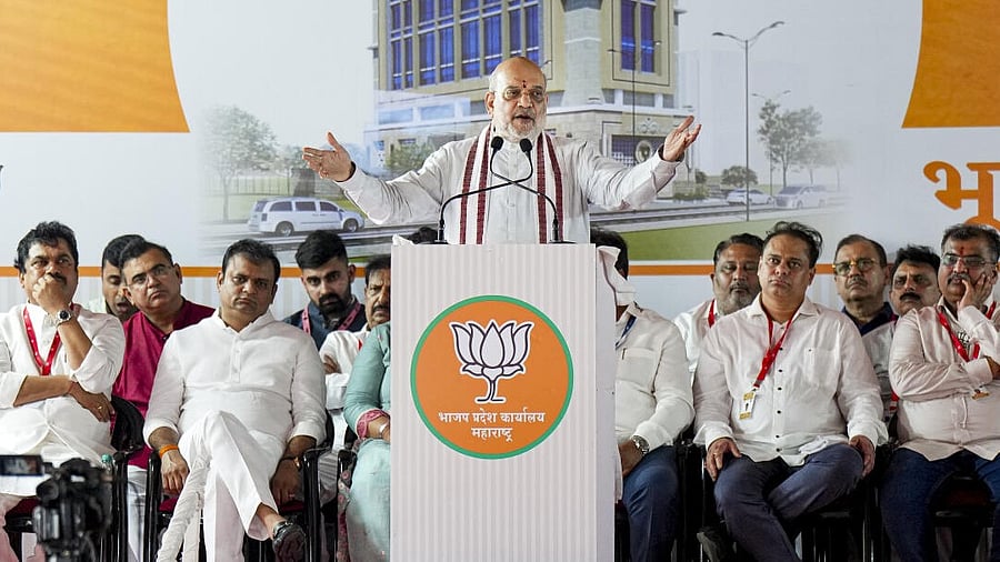 <div class="paragraphs"><p>Union Home Minister Amit Shah speaks during the foundation stone laying ceremony of the new headquarters of BJP's Maharashtra unit, in Mumbai</p></div>