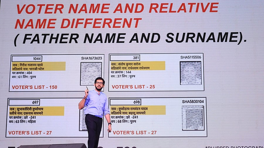 <div class="paragraphs"><p>Shiv Sena (UBT) leader Aaditya Thackeray making a presentation on alleged vote theft, in Mumbai.</p></div>