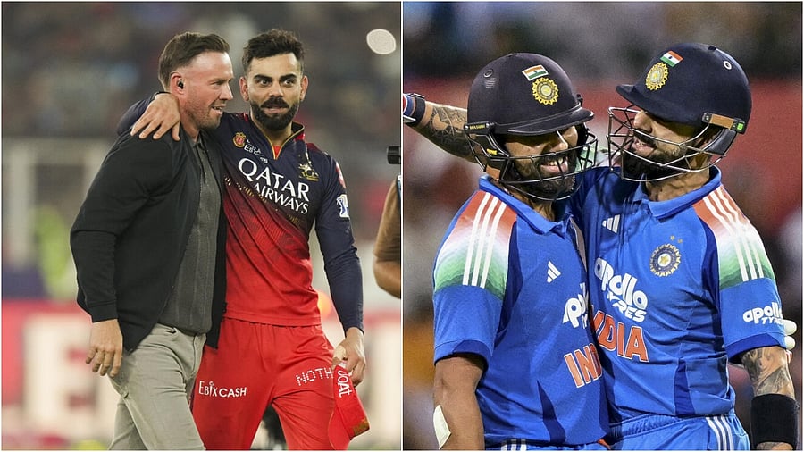 <div class="paragraphs"><p>A combo image of AB de Villiers and Virat Kohli (left) and Rohit Sharma with Kohli.</p></div>