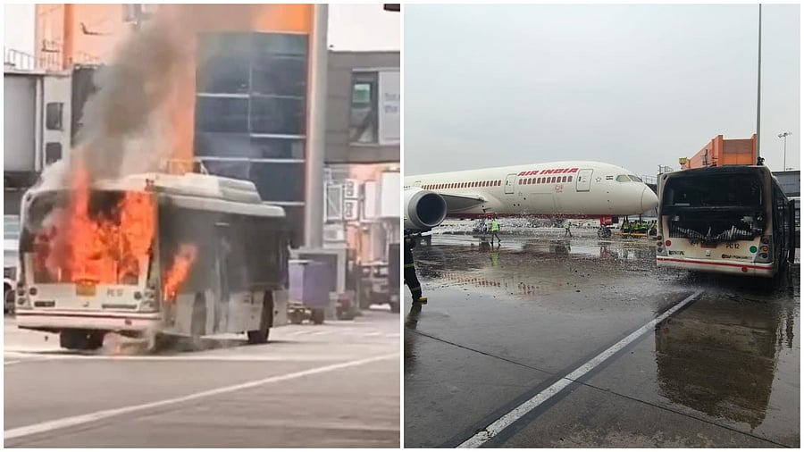 <div class="paragraphs"><p>Air India bus caught fire at Delhi Airport Terminal 3.</p></div>