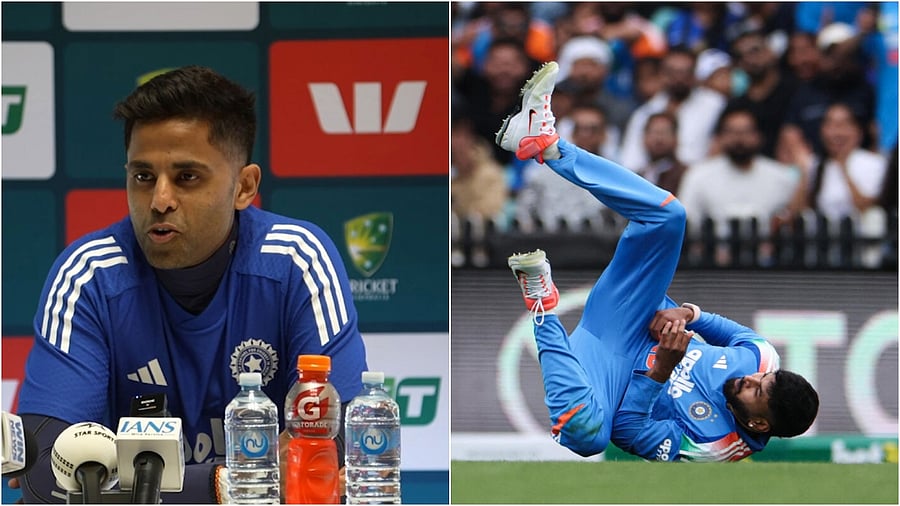 <div class="paragraphs"><p>A combo image Suryakumar Yadav (left) addressing the press conference and Shreyas Iyer getting unjured while taking the catch. </p></div>
