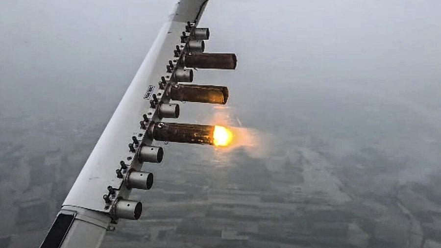 <div class="paragraphs"><p>An aircraft fires flares during cloud-seeding trial, in New Delhi.</p></div>