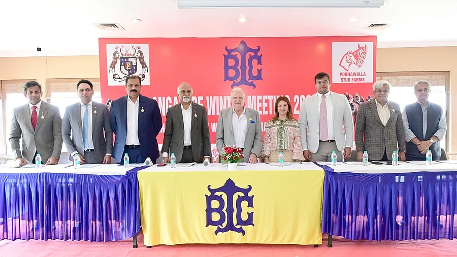 (From left) Former Bangalore Turf Club chairman R Manjunath Ramesh, Zavaray S Poonawalla and Simone Poonawalla at a press conference on Wednesday.