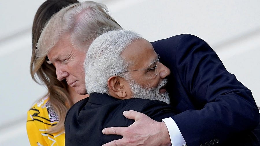 <div class="paragraphs"><p>Prime Minister Narendra Modi hugs US President Donald Trump as he departures the White House after a visit, in Washington, US.</p></div>