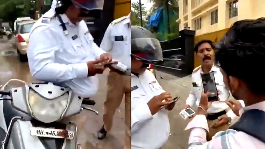 <div class="paragraphs"><p>Screengrab of scooter with an incorrect front number plate and a man accusing the constable for violating traffic rules.</p></div>