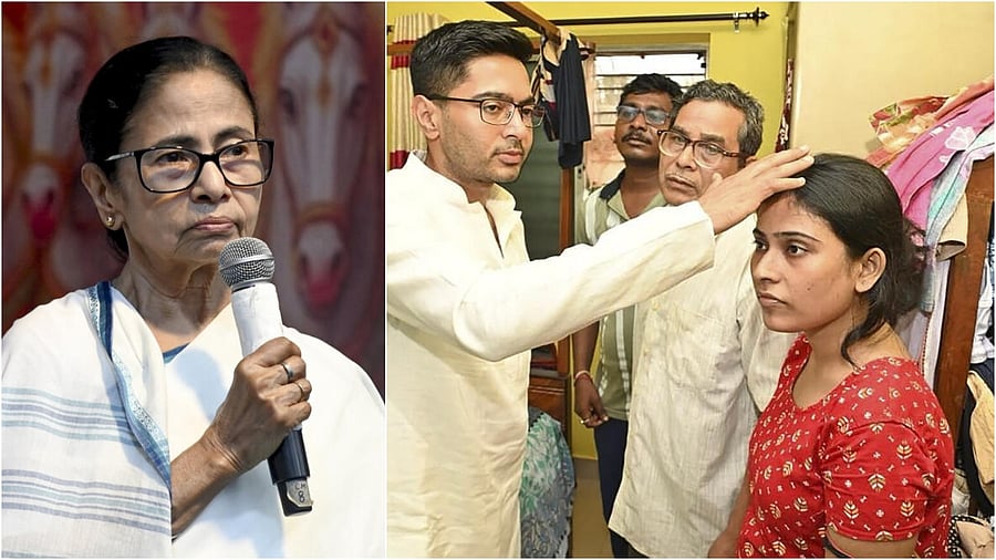 <div class="paragraphs"><p>Bengal CM Mamata Banerjee(L), TMC MP Abhishek Banerjee at the residence of one  Pradeep Kar, who allegedly died by suicide over fear and insecurity of NRC manufactured through the SIR exercise, in Panihati.</p></div>