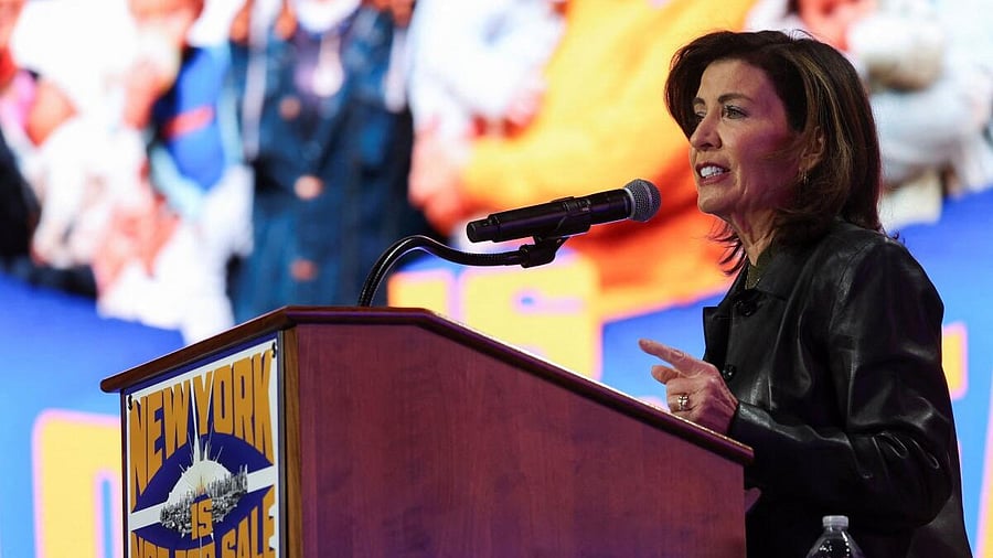 <div class="paragraphs"><p>New York State Governor Kathy Hochul speaks during a "New York is Not For Sale" rally at Forest Hills Stadium, in the Queens borough of New York City.</p></div>