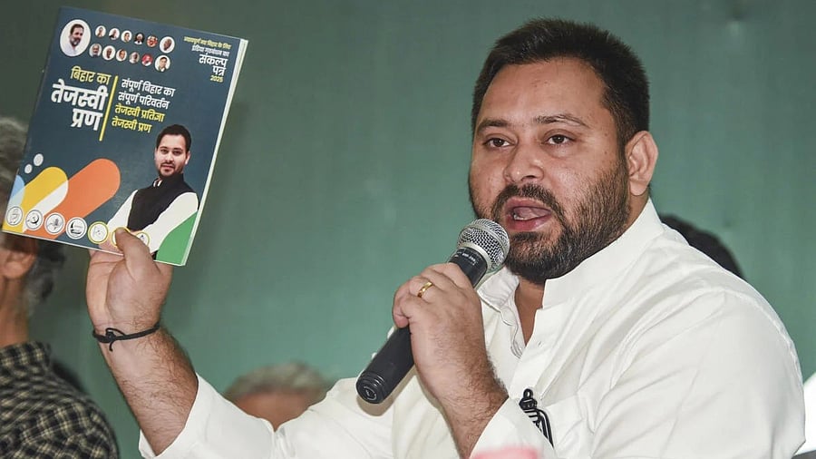 <div class="paragraphs"><p>RJD leader Tejashwi Yadav addresses the media after releasing I.N.D.I.A. bloc's manifesto for the Bihar Assembly elections, in Patna.</p></div>