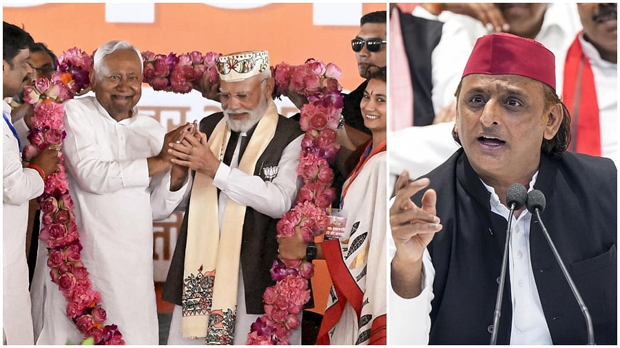 <div class="paragraphs"><p>Nitish Kumar with PM Modi in Bihar(L) and Akhilesh Yadav</p></div>