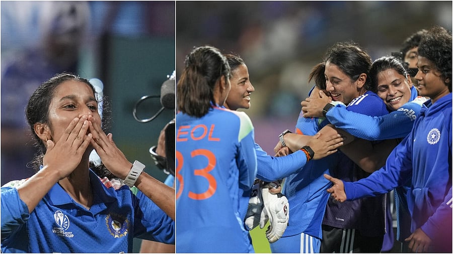 <div class="paragraphs"><p>Jemimah Rodrigues reacts after winning in the ICC Women's World Cup semifinal ODI(L), Indian players celebrate after the match.</p></div>