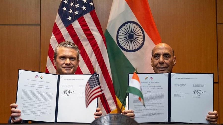 <div class="paragraphs"><p>us&nbsp;Secretary of War Pete Hegseth with Defence Minster Rajnath Singh.</p></div>