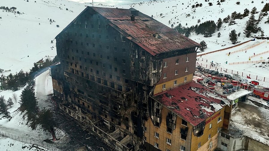 <div class="paragraphs"><p>A drone view shows the aftermath of a fire at a hotel in the ski resort of Kartalkaya in Bolu, Turkey.</p></div>