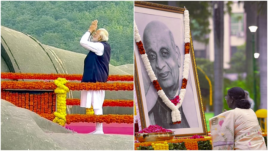 <div class="paragraphs"><p>Prime Minister Narendra Modi pays tribute to Sardar Vallabhbhai Patel on his 150th birth anniversary, at the Statue of Unity (L), President Droupadi Murmu pays tribute to the country's first home minister  at Sardar Patel Chowk, in New Delhi.</p></div>