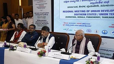 Minister for Municipal Administration Rahim Khan (first from left), Deputy Chief Minister D K Shivakumar (third from left) and Union Minister for Housing and Urban Affairs Manohar Lal Khattar at the first regional meeting of the urban development ministers of southern states and union territories in Bengaluru on Thursday.