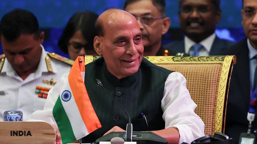 <div class="paragraphs"><p>Rajnath Singh reacts during ASEAN-INDIA Defence Ministers' Informal Meeting at the ASEAN Defence Ministers Meeting at the Kuala Lumpur Convention Centre (KLCC) in Kuala Lumpur, Malaysia.</p></div>