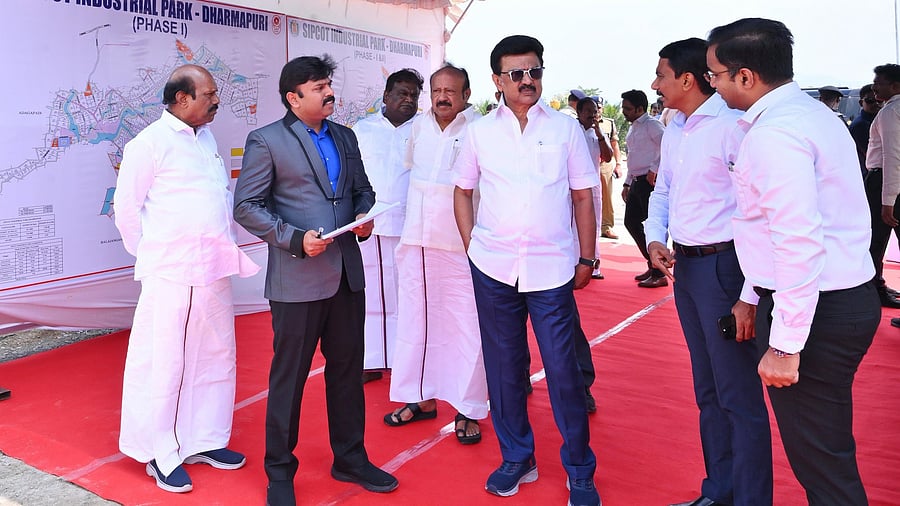 <div class="paragraphs"><p>MK Stalin at DMK MP A Mani's residence on Monday. </p></div>